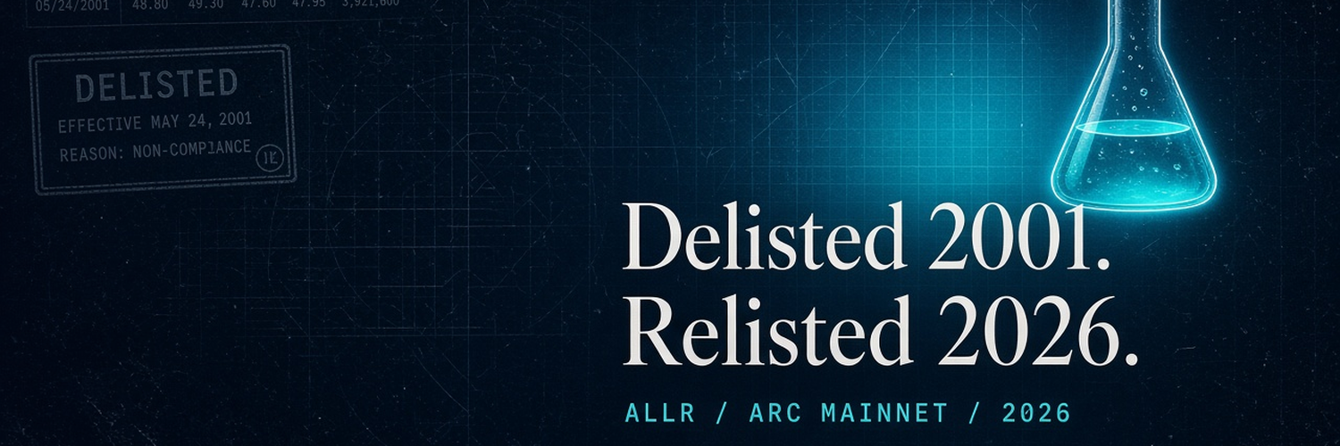 ALLR Delisted 2001. Relisted 2026. Arc Mainnet 2026 banner