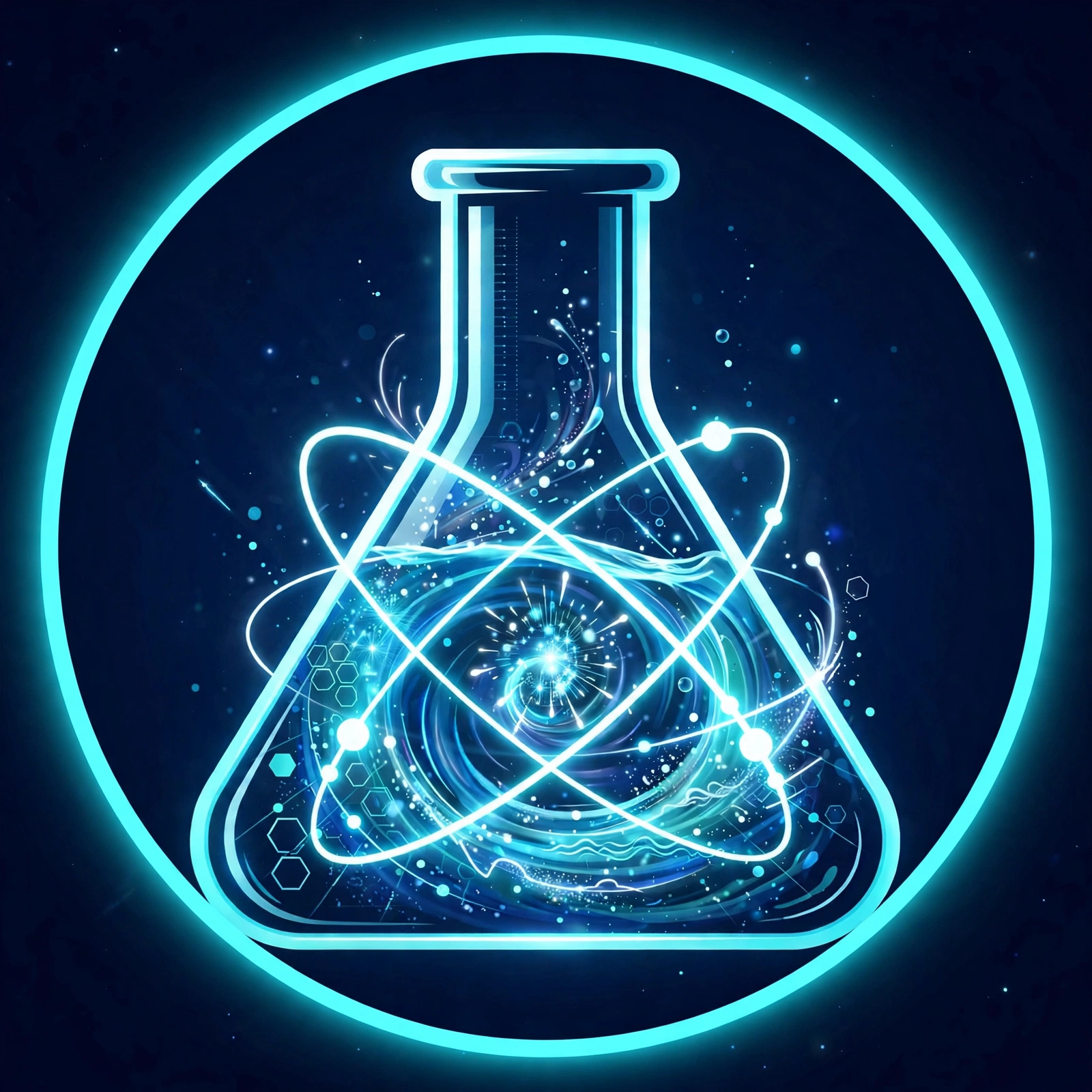 Glowing scientific flask mark on a dark blue field